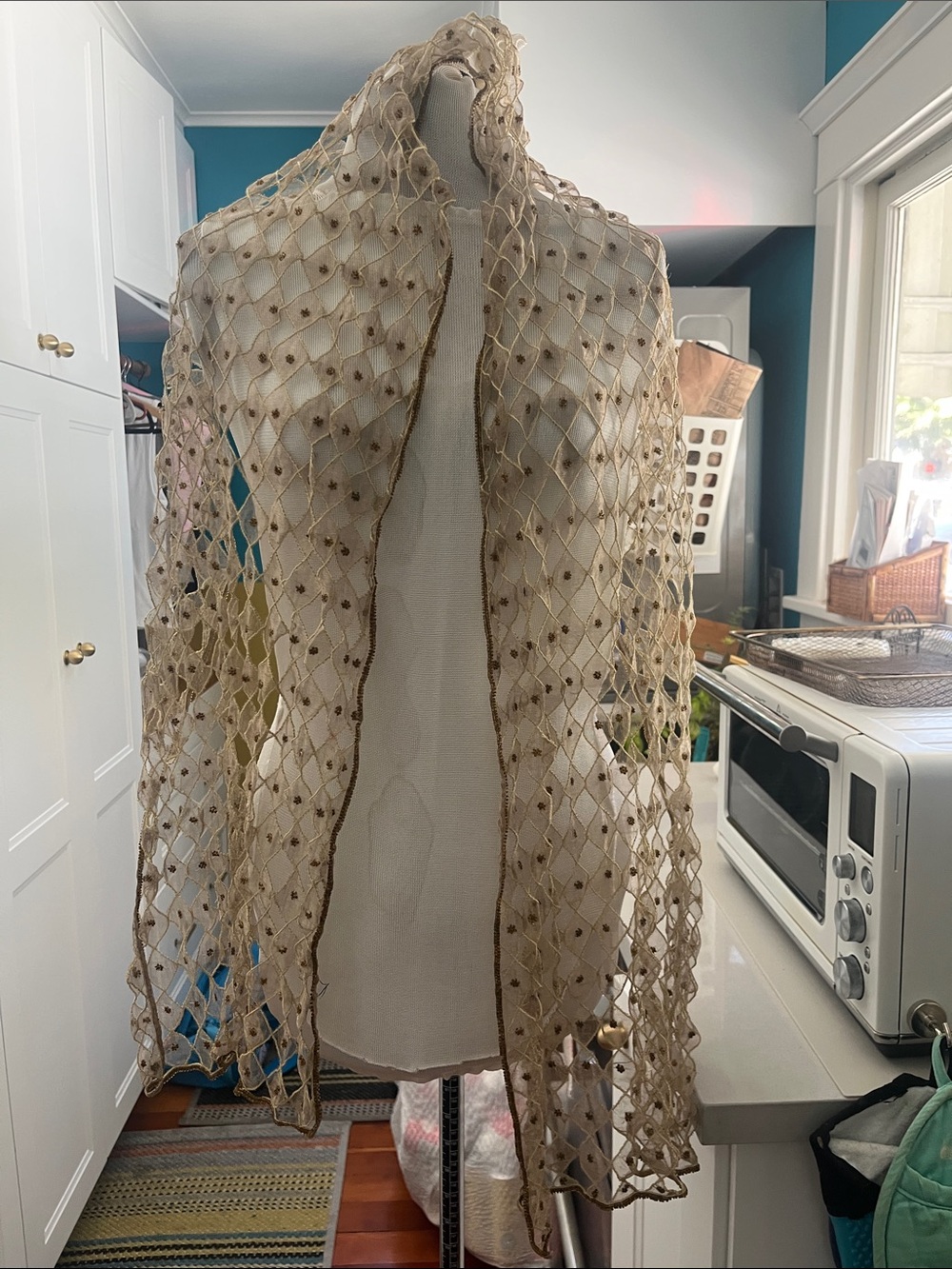 Unlisted Beige Openwork Net Shawl with Gold Accents